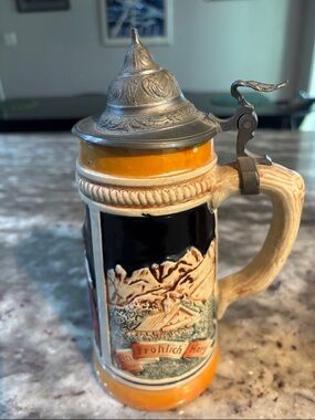 NOR Ceramic German-Style Beer Stein in Orange and Black